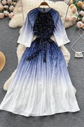 Langes Kleid mit Farbverlauf, lässiges Schnürkleid mit O-Ausschnitt